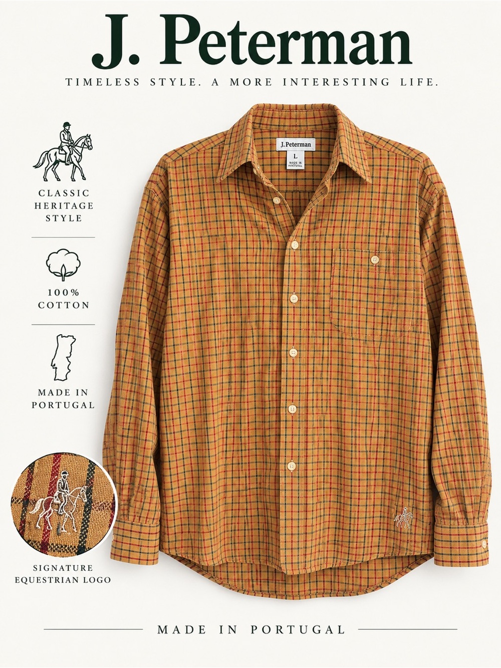 J. Peterman Men’s Large Plaid Cotton Button Down Shirt Equestrian Portugal